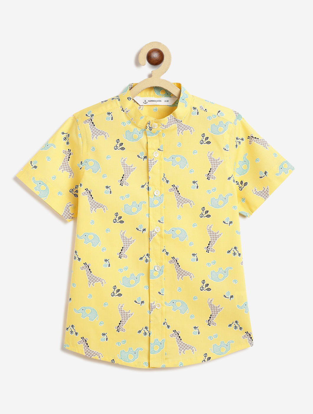 Campana Boys Mandarin Collar Cotton Shirt - Giraffes & Elephants - Yellow