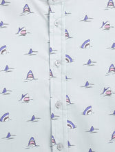 Load image into Gallery viewer, Campana Boys Mandarin Collar Cotton Shirt - Sharks at Sea Print - Light Blue
