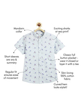Load image into Gallery viewer, Campana Boys Mandarin Collar Cotton Shirt - Sharks at Sea Print - Light Blue
