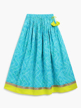 Load image into Gallery viewer, Campana Girls Shama One Shoulder Choli with Lehenga &amp; Dupatta Set - Block Print &amp; Bandhini - Lime Green &amp; Blue
