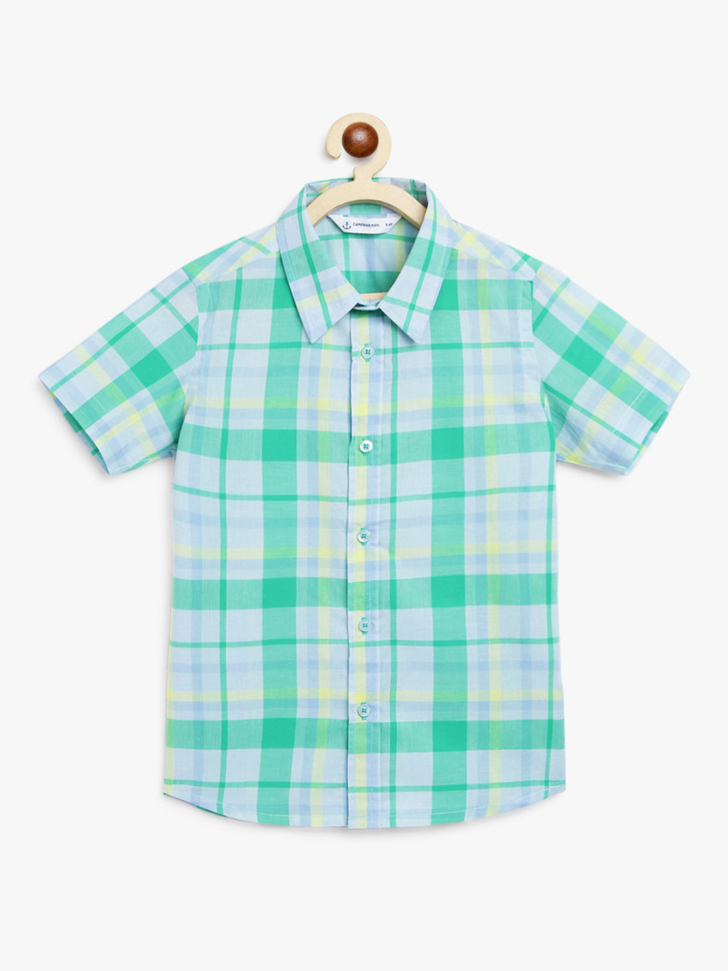 Campana Boys Yuki Short Sleeve Cotton Shirt - Checks - Green & Blue