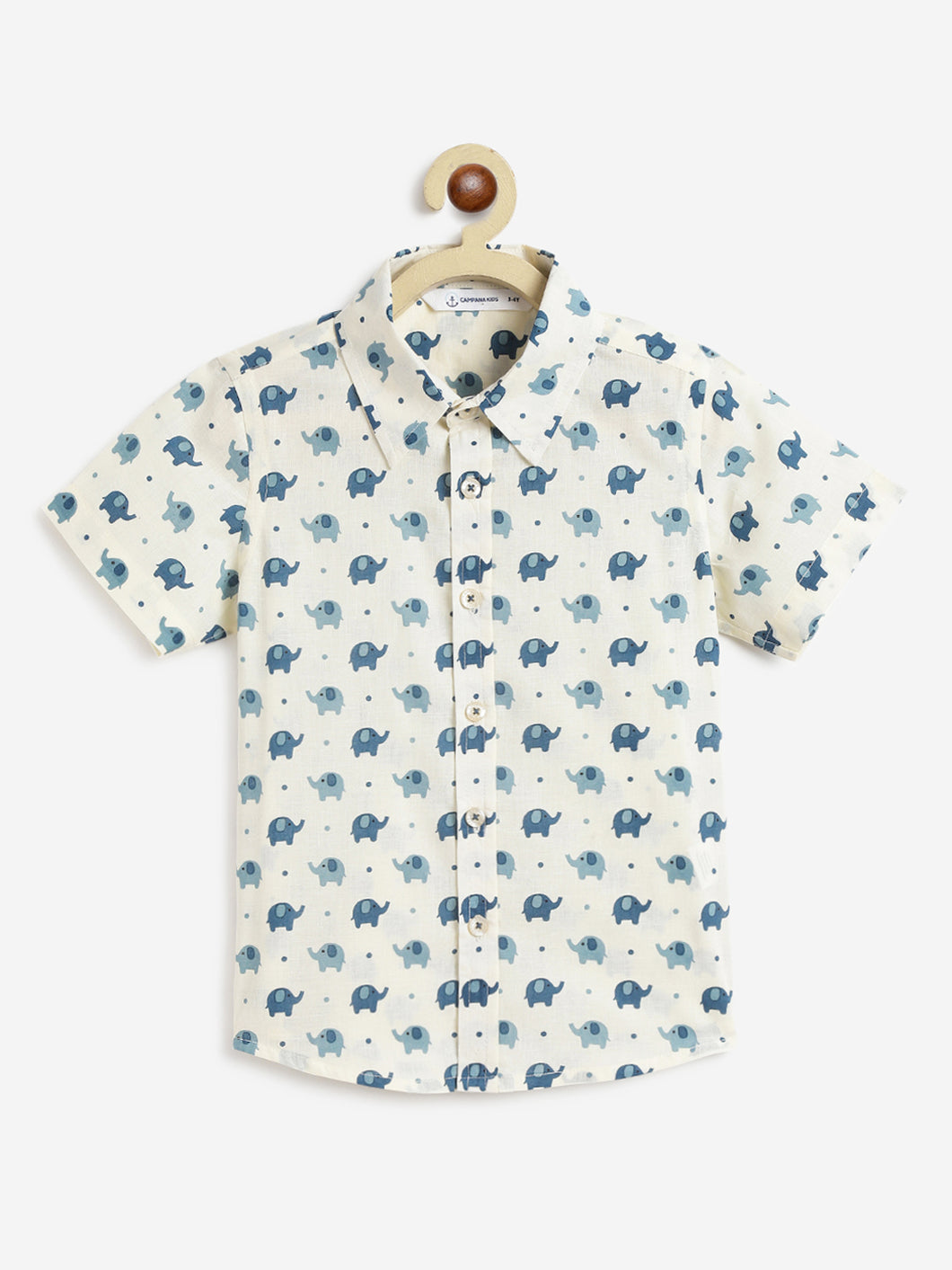 Campana Boys Yuki Short Sleeve Cotton Shirt - Elephant Print - White & Blue
