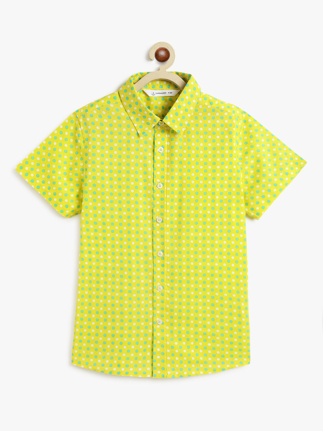 Campana Boys Yuki Short Sleeve Cotton Shirt - Polka Dots Print - Yellow & Green