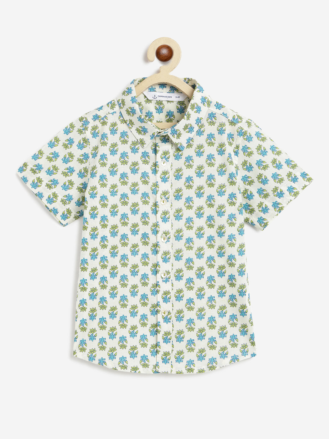 Campana Boys Yuki Short Sleeve Cotton Shirt - Block Print - White, Blue & Green