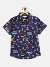 Load image into Gallery viewer, Campana Boys Yuki Tropical Print Short Sleeves Cotton Shirt - Navy Blue
