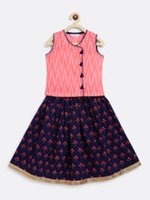 Load image into Gallery viewer, Campana Girls Papiha Lehenga Choli Set - Ikkat &amp; Block Print - Pink &amp; Navy Blue
