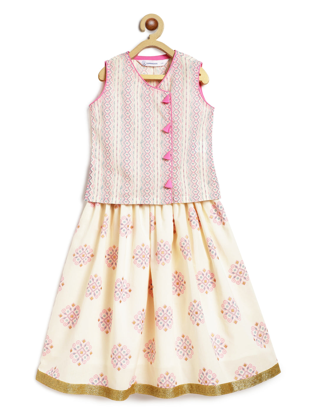 Campana Girls Papiha Lehenga Choli Set - Geometric Print - White & Pink
