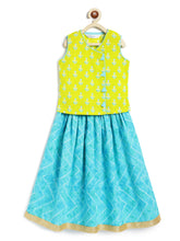 Load image into Gallery viewer, Campana Girls Papiha Lehenga Choli Set - Bandhini &amp; Blockprint - Lime &amp; Turquoise
