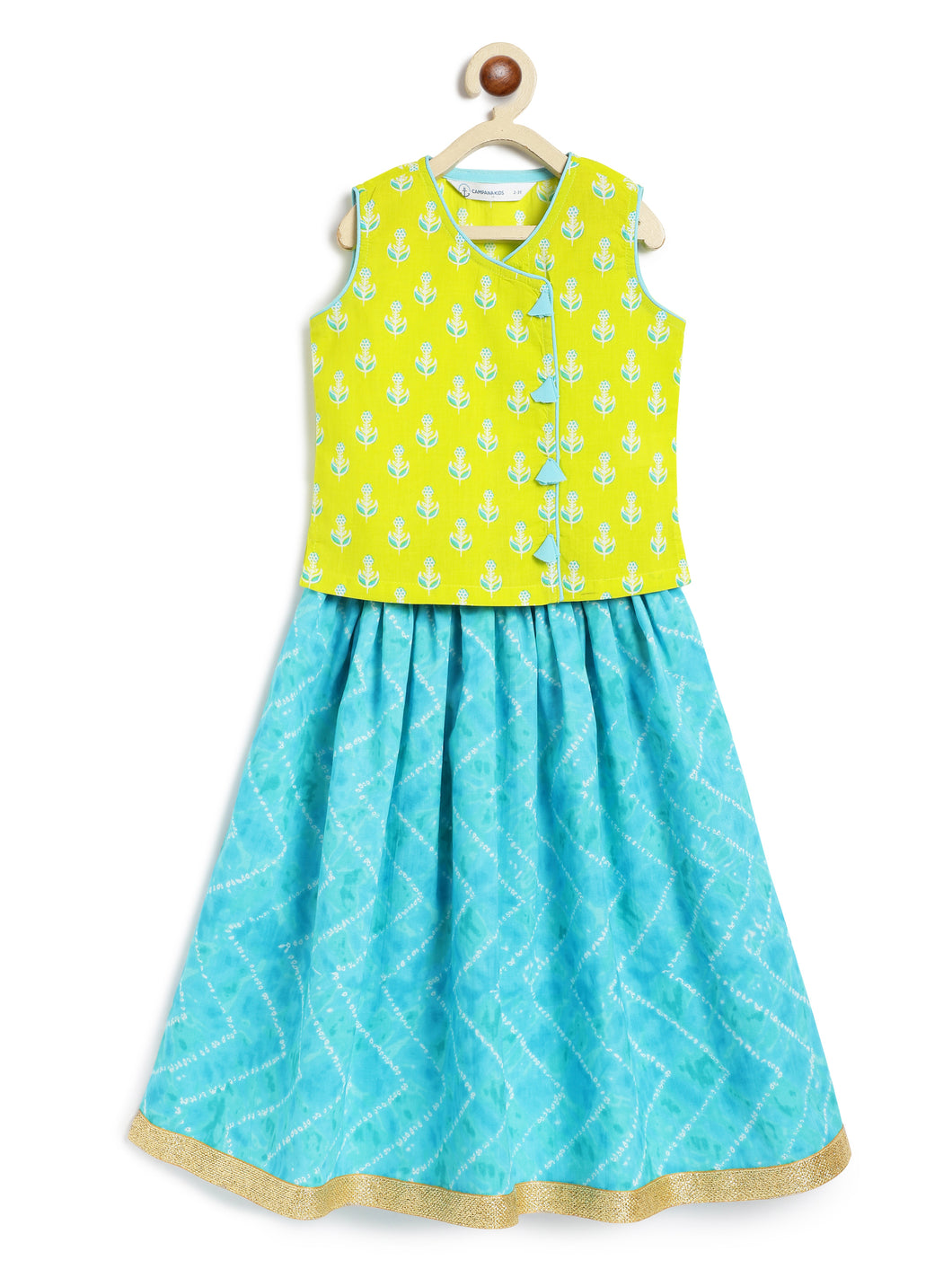 Campana Girls Papiha Lehenga Choli Set - Bandhini & Blockprint - Lime & Turquoise