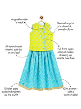 Load image into Gallery viewer, Campana Girls Papiha Lehenga Choli Set - Bandhini &amp; Blockprint - Lime &amp; Turquoise

