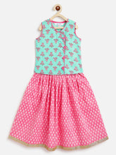 Load image into Gallery viewer, Campana Girls Papiha Pure Cotton Floral Printed Lehenga Choli Set - Turquoise &amp; Pink
