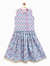 Load image into Gallery viewer, Campana Girls Papiha Pure Cotton Floral Block &amp; Jaal Print Lehenga Choli Set - Light Blue &amp; Purple
