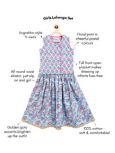 Load image into Gallery viewer, Campana Girls Papiha Pure Cotton Floral Block &amp; Jaal Print Lehenga Choli Set - Light Blue &amp; Purple
