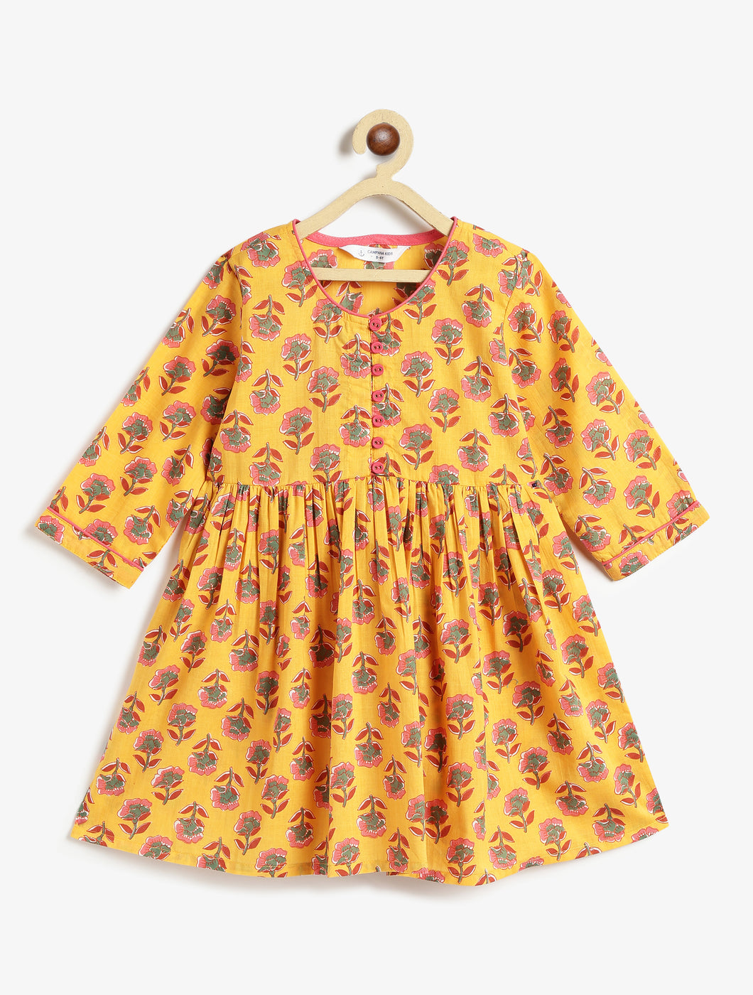 Campana Girls Sanjana Floral Print Flared Cotton Kurta - Yellow & Pink