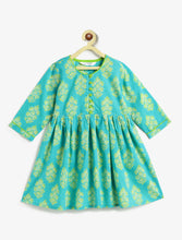 Load image into Gallery viewer, Campana Girls Sanjana Ethnic Motifs Print Flared Cotton Kurta - Turquoise Blue
