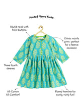 Load image into Gallery viewer, Campana Girls Sanjana Ethnic Motifs Print Flared Cotton Kurta - Turquoise Blue
