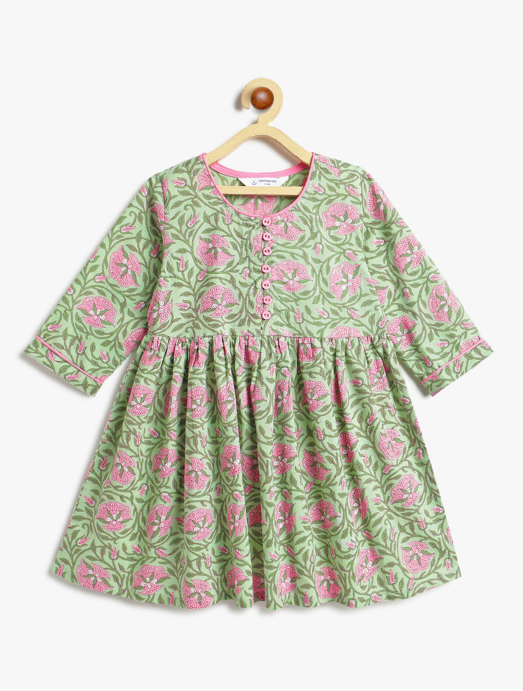 Campana Girls Sanjana Cotton Kurta - Seamless Floral Print - Sea Green & Pink