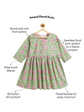 Load image into Gallery viewer, Campana Girls Sanjana Cotton Kurta - Seamless Floral Print - Sea Green &amp; Pink
