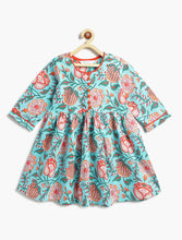 Load image into Gallery viewer, Campana Girls Sanjana Floral Printed Flared Cotton Kurta - Blue &amp; Orange
