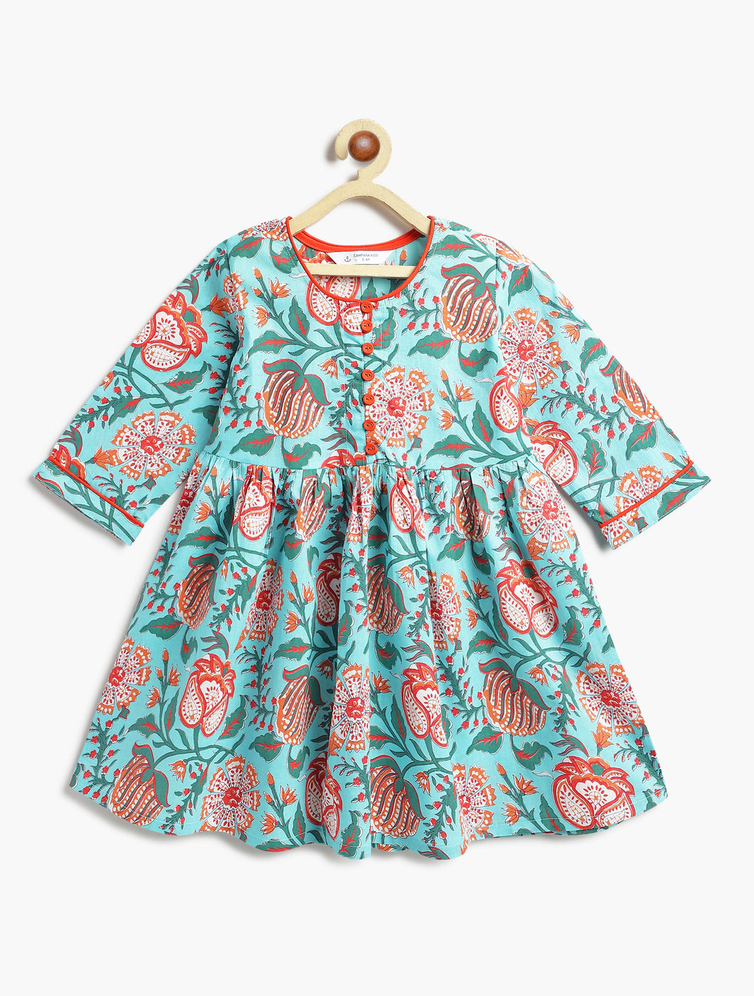 Campana Girls Sanjana Floral Printed Flared Cotton Kurta - Blue & Orange
