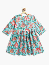 Load image into Gallery viewer, Campana Girls Sanjana Floral Printed Flared Cotton Kurta - Blue &amp; Orange
