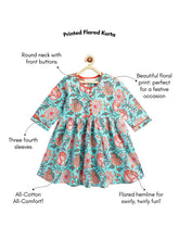 Load image into Gallery viewer, Campana Girls Sanjana Floral Printed Flared Cotton Kurta - Blue &amp; Orange
