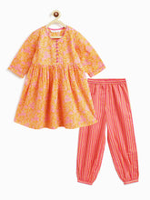 Load image into Gallery viewer, Campana Girls Sanvi Kurti &amp; Salwar Set - Pastel Floral Print - Orange &amp; Pink
