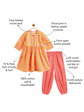 Load image into Gallery viewer, Campana Girls Sanvi Kurti &amp; Salwar Set - Pastel Floral Print - Orange &amp; Pink
