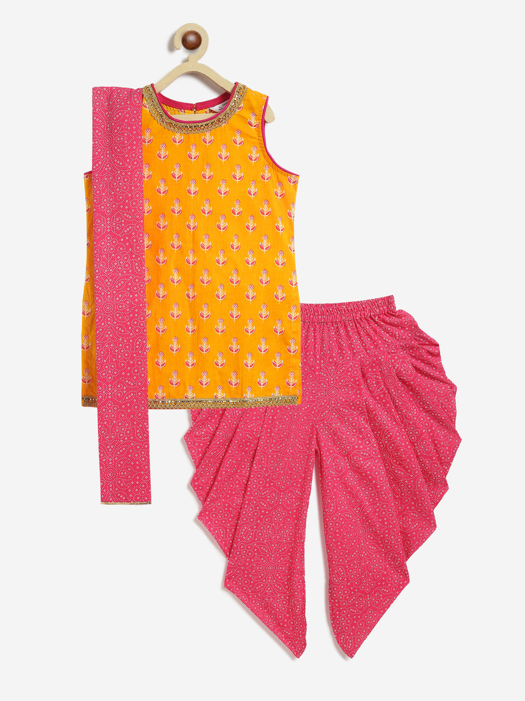 Campana Girls Kiran Kurti with Patiala Dhoti & Dupatta - Floral Bandhej Print - Yellow & Magenta