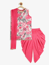 Load image into Gallery viewer, Campana Girls Kiran Printed Cotton Kurti Patiala &amp; Dupatta Set - White &amp; Pink
