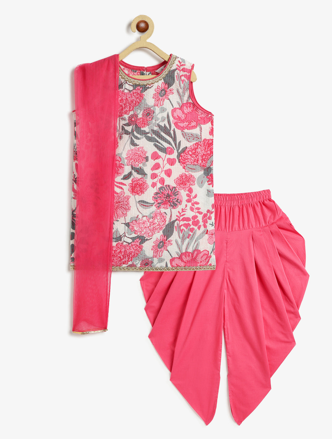 Campana Girls Kiran Printed Cotton Kurti Patiala & Dupatta Set - White & Pink