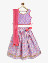 Load image into Gallery viewer, Campana Girls Bela Cotton Lehenga Choli Set - Floral Block &amp; Jaal Print - Purple &amp; Peach
