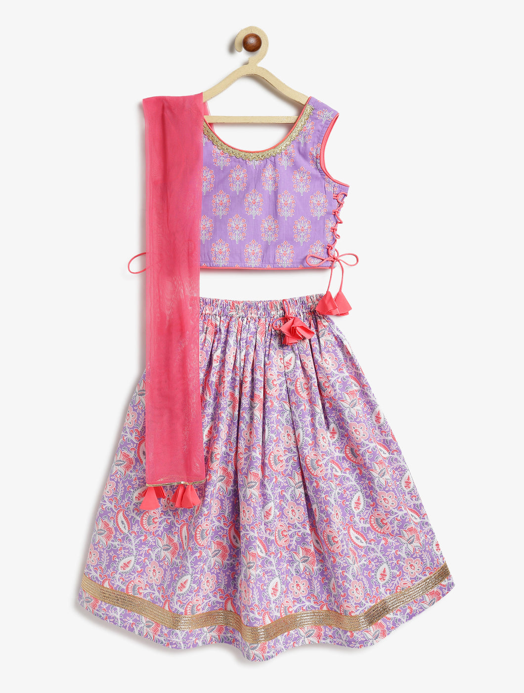 Campana Girls Bela Cotton Lehenga Choli Set - Floral Block & Jaal Print - Purple & Peach