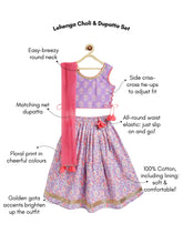 Load image into Gallery viewer, Campana Girls Bela Cotton Lehenga Choli Set - Floral Block &amp; Jaal Print - Purple &amp; Peach
