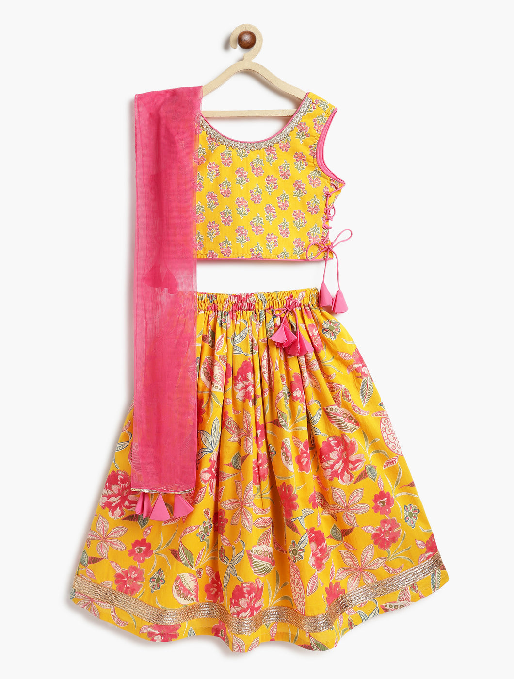 Campana Girls Bela Cotton Lehenga Choli Set - Floral Block & Jaal Print - Yellow & Pink