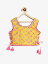 Load image into Gallery viewer, Campana Girls Bela Cotton Lehenga Choli Set - Floral Block &amp; Jaal Print - Yellow &amp; Pink

