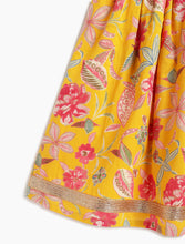 Load image into Gallery viewer, Campana Girls Bela Cotton Lehenga Choli Set - Floral Block &amp; Jaal Print - Yellow &amp; Pink
