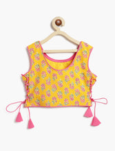 Load image into Gallery viewer, Campana Girls Bela Cotton Lehenga Choli Set - Floral Block &amp; Jaal Print - Yellow &amp; Pink
