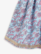 Load image into Gallery viewer, Campana Girls Bela Pure Cotton Floral Block &amp; Jaal Print Lehenga Choli Set - Light Blue &amp; Purple
