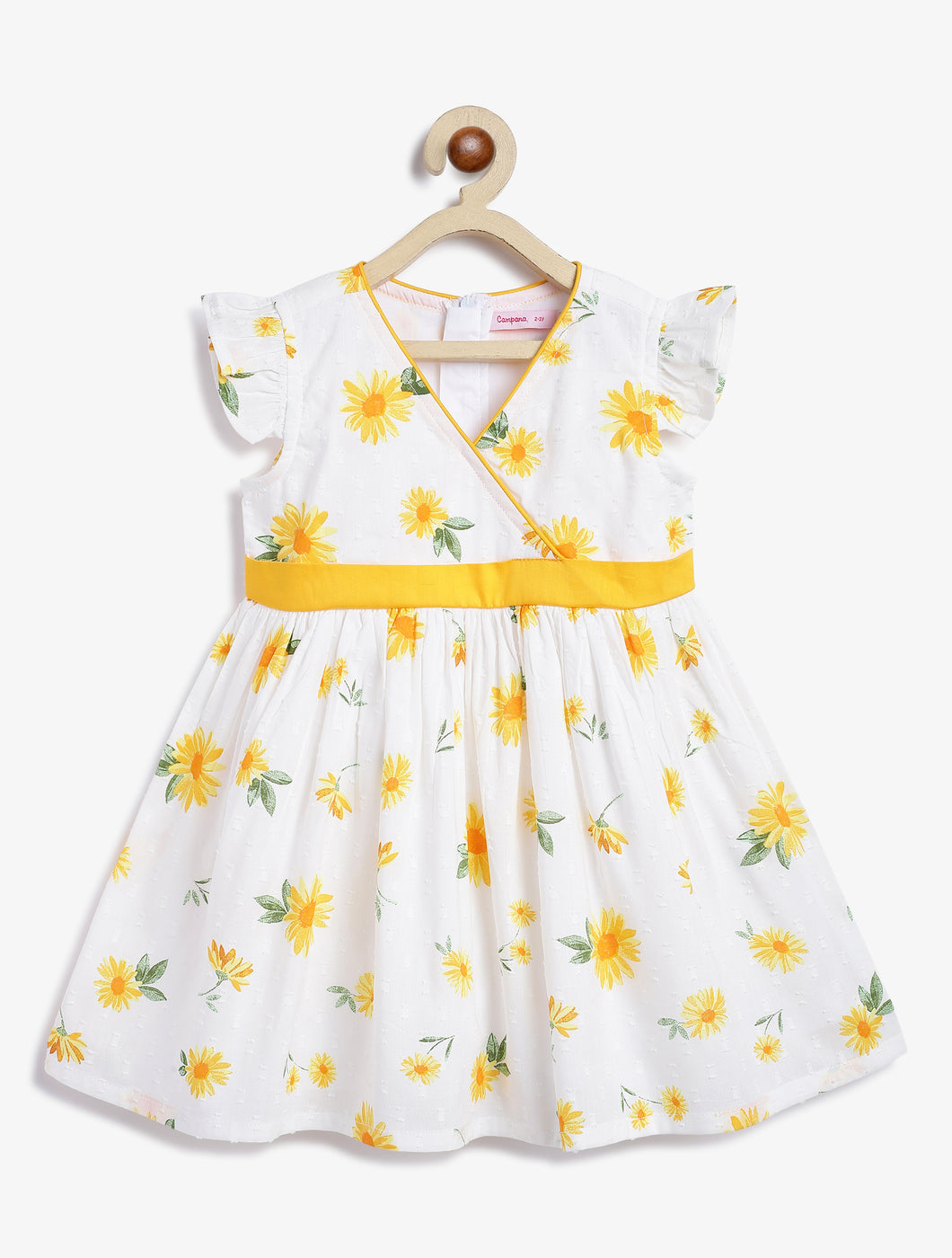 Campana Girls Ruby Crossover Cotton Dress - Sunflower Print - White & Yellow