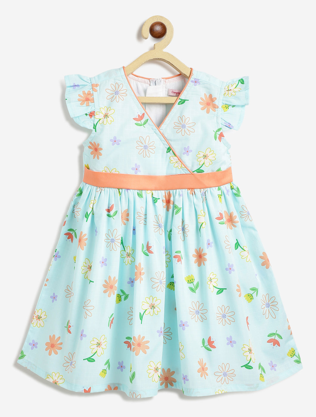 Campana Girls Ruby Crossover 100% Cotton Spring Flowers Printed Dress - Light Blue
