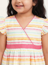 Load image into Gallery viewer, Campana Girls Ruby 100% Cotton Crossover Style Striped Dress - White &amp; Pink
