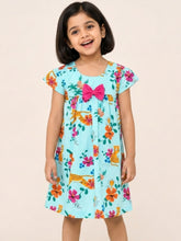 Load image into Gallery viewer, Campana Girls Suzy Pure Cotton Tropical Print Dress with Bow - Light Blue
