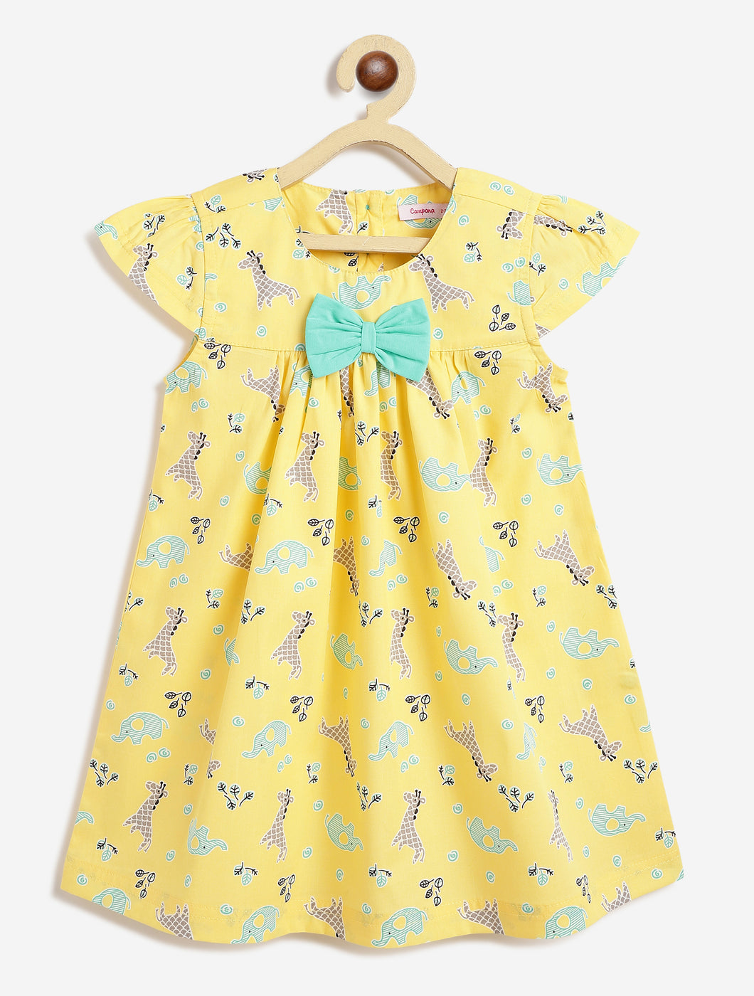 Campana Girls Suzy Cotton Dress with Bow - Nursery Animals - Yellow
