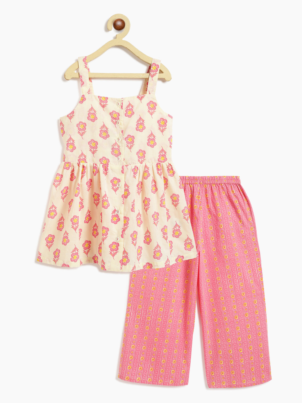 Campana Girls Udita Tunic & Culottes Set - Floral Print - Off White & Pink