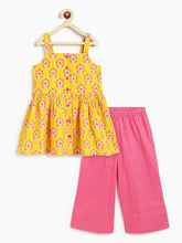 Load image into Gallery viewer, Campana Girls Udita Pure Cotton Floral Blockprint Tunic with Striped Palazzo Set - Yellow &amp; Pink
