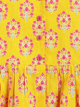 Load image into Gallery viewer, Campana Girls Udita Pure Cotton Floral Blockprint Tunic with Striped Palazzo Set - Yellow &amp; Pink
