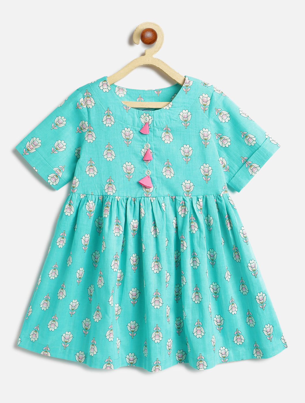 Campana Girls Zoe Cotton Dress - Floral Blockprint - Turquoise & Pink