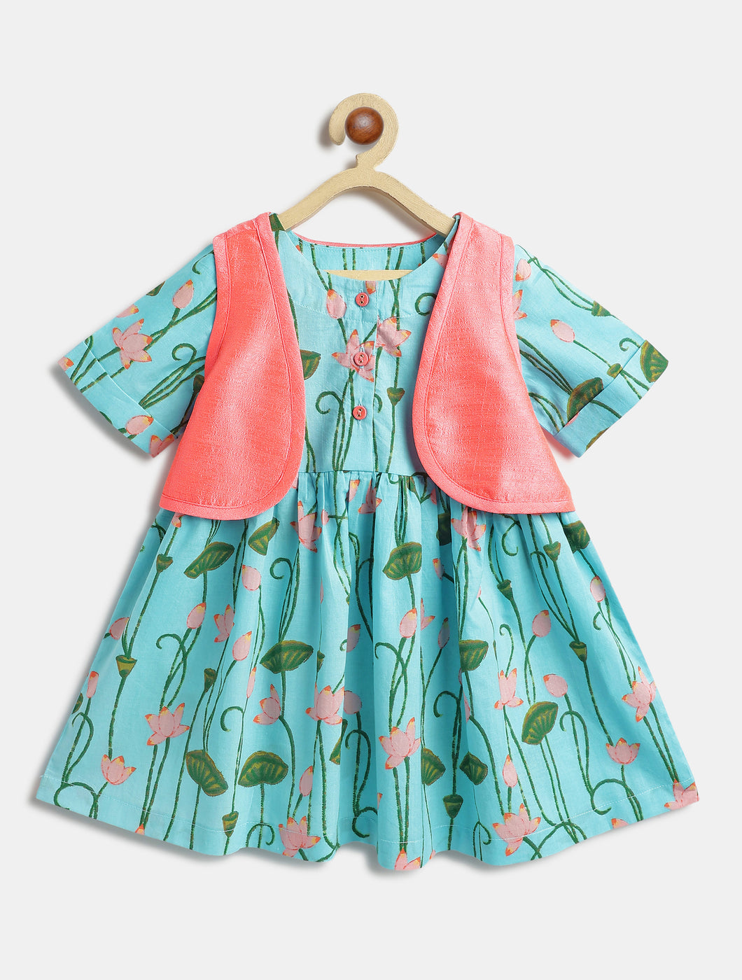 Campana Girls Zoe Cotton Dress with Short Jacket - Lotus Print - Light Blue & Pink
