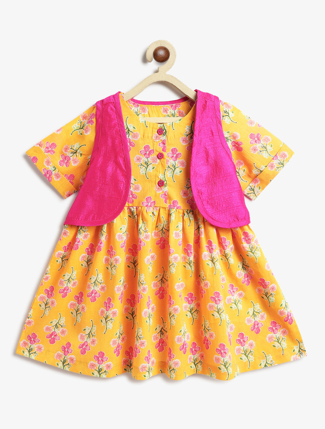 Campana Girls Zoe Cotton Dress with Short Jacket - Floral Print - Yellow & Magenta